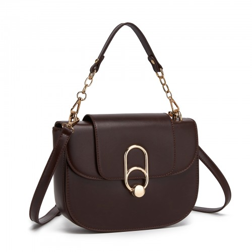 Miss Lulu Stylish PU Saddle Bag with Chain-Accent Top Handle & Adjustable Strap - Coffee