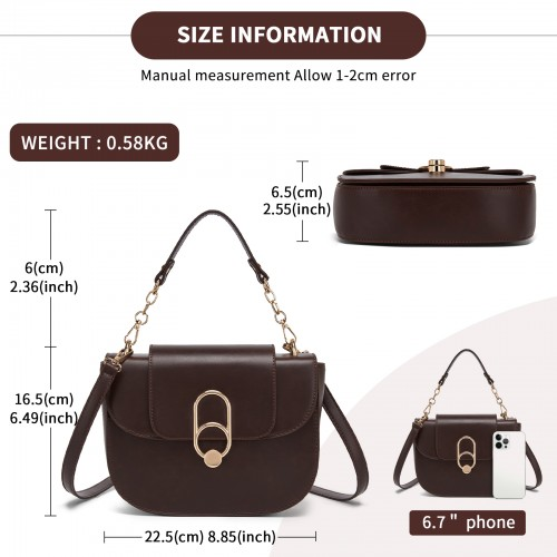 Miss Lulu Stylish PU Saddle Bag with Chain-Accent Top Handle & Adjustable Strap - Coffee