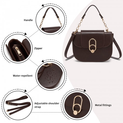 Miss Lulu Stylish PU Saddle Bag with Chain-Accent Top Handle & Adjustable Strap - Coffee