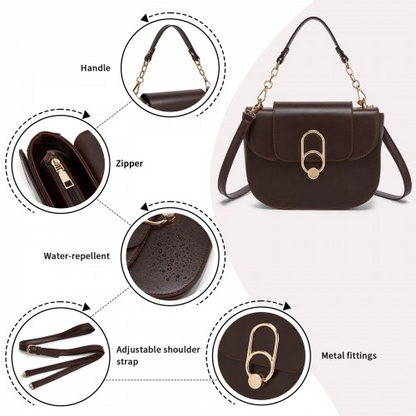 Miss Lulu Stylish PU Saddle Bag with Chain-Accent Top Handle & Adjustable Strap - Coffee