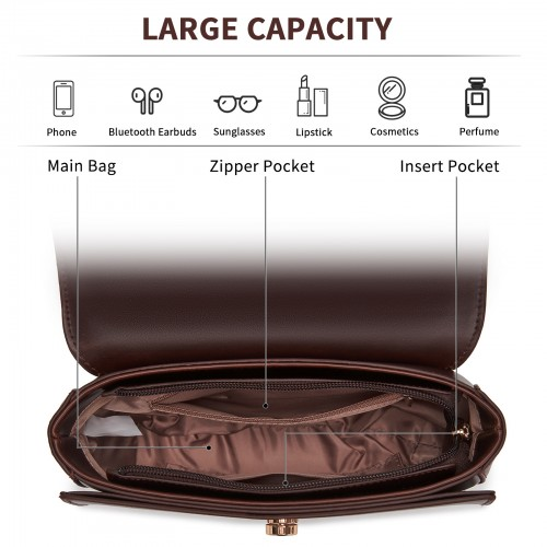 Miss Lulu Stylish PU Saddle Bag with Chain-Accent Top Handle & Adjustable Strap - Coffee