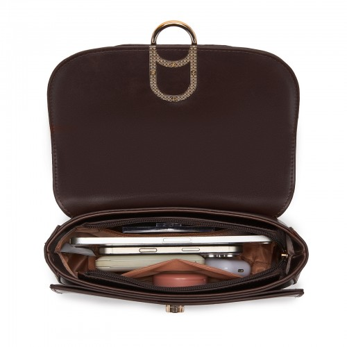 Miss Lulu Stylish PU Saddle Bag with Chain-Accent Top Handle & Adjustable Strap - Coffee