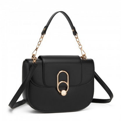 Miss Lulu Stylish PU Saddle Bag with Chain-Accent Top Handle & Adjustable Strap - Black