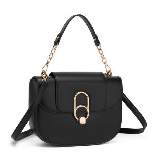 Miss Lulu Stylish PU Saddle Bag with Chain-Accent Top Handle & Adjustable Strap - Black