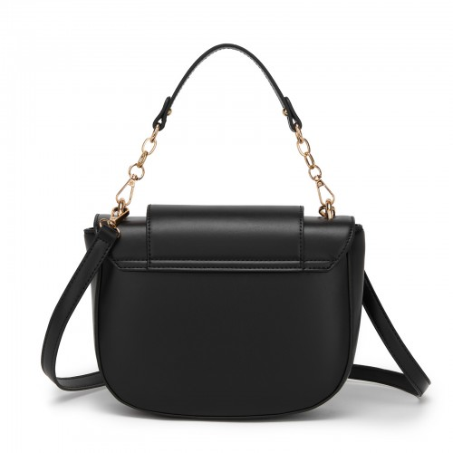 Miss Lulu Stylish PU Saddle Bag with Chain-Accent Top Handle & Adjustable Strap - Black