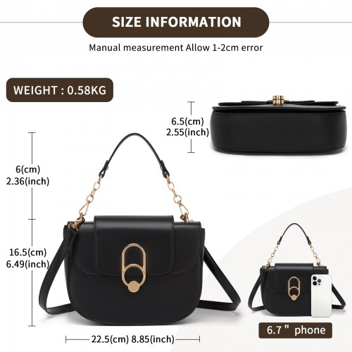 Miss Lulu Stylish PU Saddle Bag with Chain-Accent Top Handle & Adjustable Strap - Black