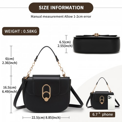 Miss Lulu Stylish PU Saddle Bag with Chain-Accent Top Handle & Adjustable Strap - Black