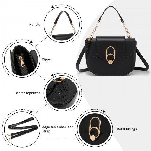 Miss Lulu Stylish PU Saddle Bag with Chain-Accent Top Handle & Adjustable Strap - Black