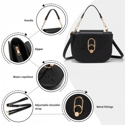 Miss Lulu Stylish PU Saddle Bag with Chain-Accent Top Handle & Adjustable Strap - Black