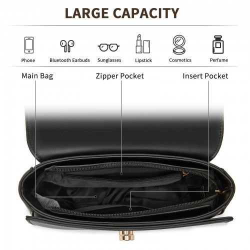 Miss Lulu Stylish PU Saddle Bag with Chain-Accent Top Handle & Adjustable Strap - Black