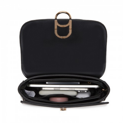 Miss Lulu Stylish PU Saddle Bag with Chain-Accent Top Handle & Adjustable Strap - Black