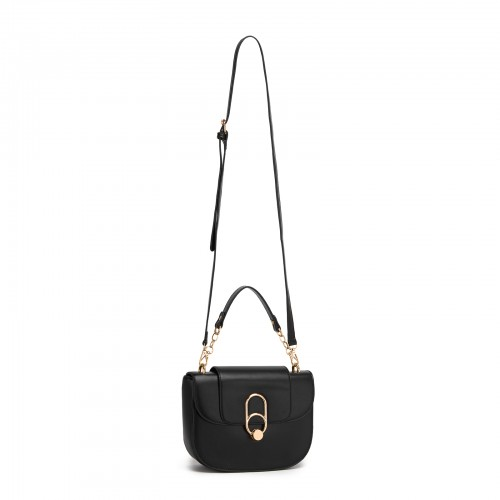 Miss Lulu Stylish PU Saddle Bag with Chain-Accent Top Handle & Adjustable Strap - Black