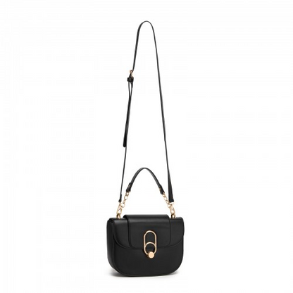 Miss Lulu Stylish PU Saddle Bag with Chain-Accent Top Handle & Adjustable Strap - Black