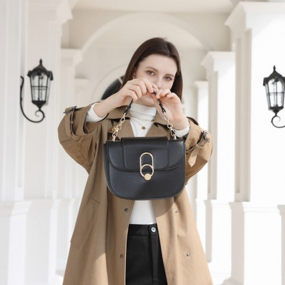 Miss Lulu Stylish PU Saddle Bag with Chain-Accent Top Handle & Adjustable Strap - Black