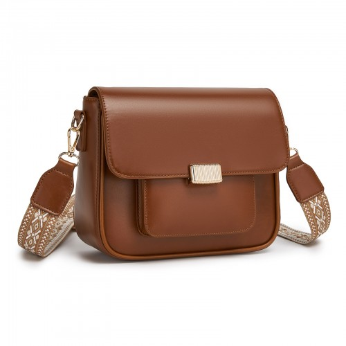 Miss Lulu Chic Fashion PU Crossbody Shoulder Bag with Detachable Woven Strap - Brown