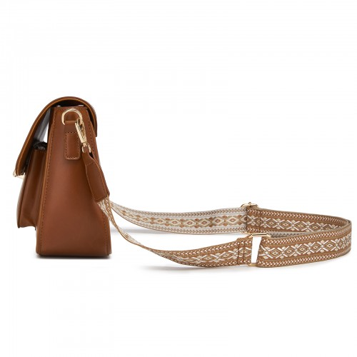 Miss Lulu Chic Fashion PU Crossbody Shoulder Bag with Detachable Woven Strap - Brown