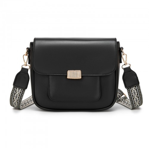 Miss Lulu Chic Fashion PU Crossbody Shoulder Bag with Detachable Woven Strap - Black