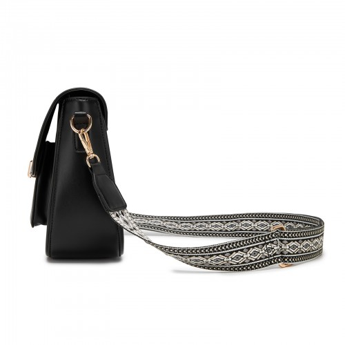 Miss Lulu Chic Fashion PU Crossbody Shoulder Bag with Detachable Woven Strap - Black