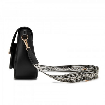 Miss Lulu Chic Fashion PU Crossbody Shoulder Bag with Detachable Woven Strap - Black