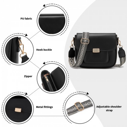 Miss Lulu Chic Fashion PU Crossbody Shoulder Bag with Detachable Woven Strap - Black