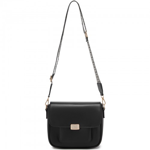 Miss Lulu Chic Fashion PU Crossbody Shoulder Bag with Detachable Woven Strap - Black