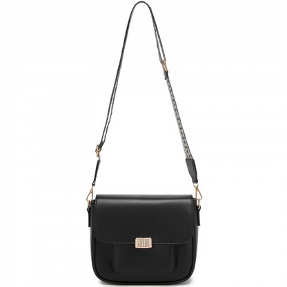 Miss Lulu Chic Fashion PU Crossbody Shoulder Bag with Detachable Woven Strap - Black