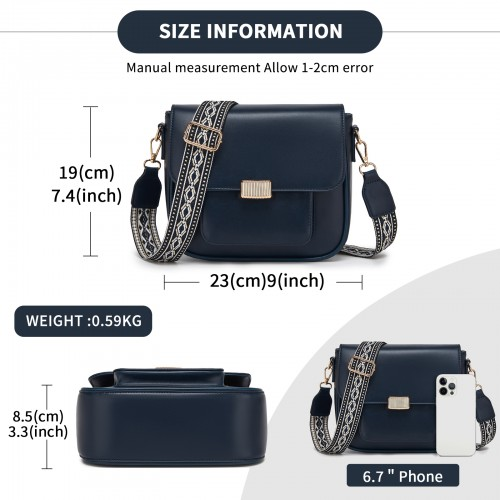 Miss Lulu Chic Fashion PU Crossbody Shoulder Bag with Detachable Woven Strap - Navy