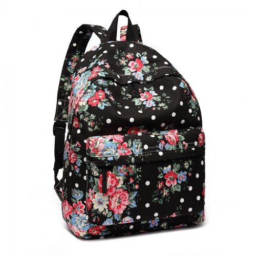 Miss Lulu Large Black Backpack with Flower Polka Dot Design – Stylish & Durable
