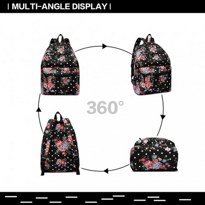 Miss Lulu Large Black Backpack with Flower Polka Dot Design – Stylish & Durable
