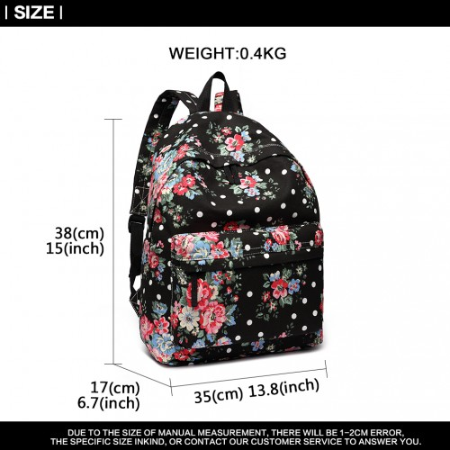 Miss Lulu Large Black Backpack with Flower Polka Dot Design – Stylish & Durable