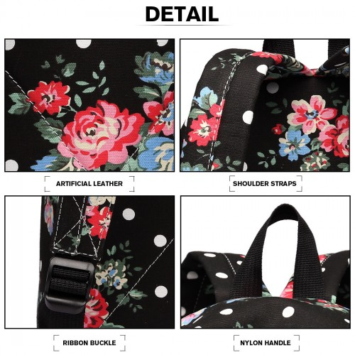 Miss Lulu Large Black Backpack with Flower Polka Dot Design – Stylish & Durable