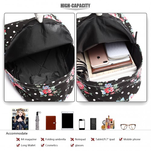 Miss Lulu Large Black Backpack with Flower Polka Dot Design – Stylish & Durable