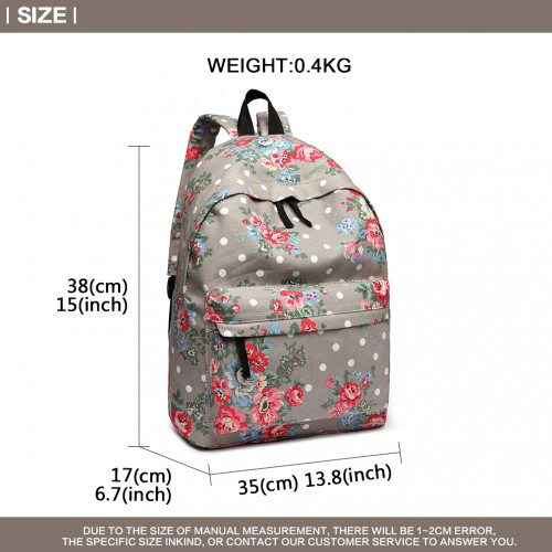 Miss Lulu Large Backpack Flower Polka Dot - Grey | Stylish & Durable