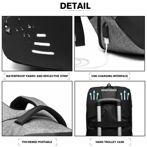 KONO Reflective USB Charging Interface Backpack - Grey | Durable & Stylish Travel Companion