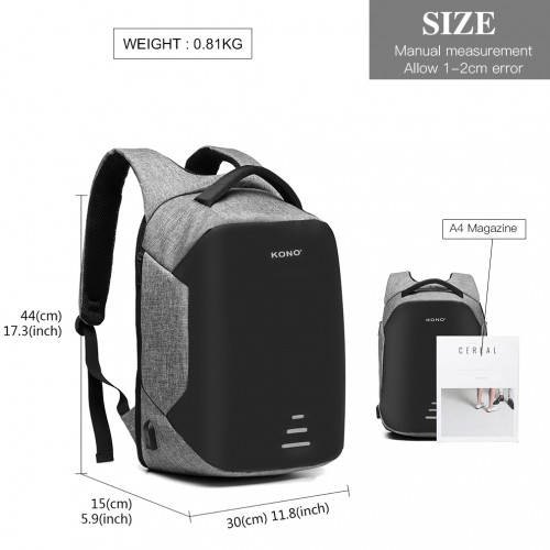 KONO Reflective USB Charging Interface Backpack - Grey | Durable & Stylish Travel Companion