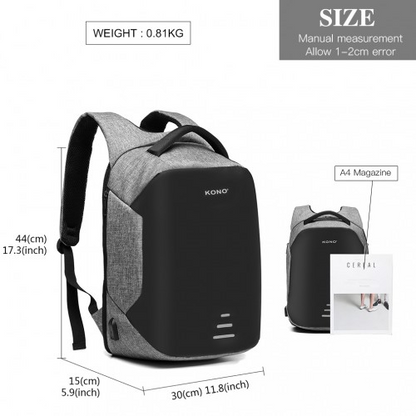 KONO Reflective USB Charging Interface Backpack - Grey | Durable & Stylish Travel Companion