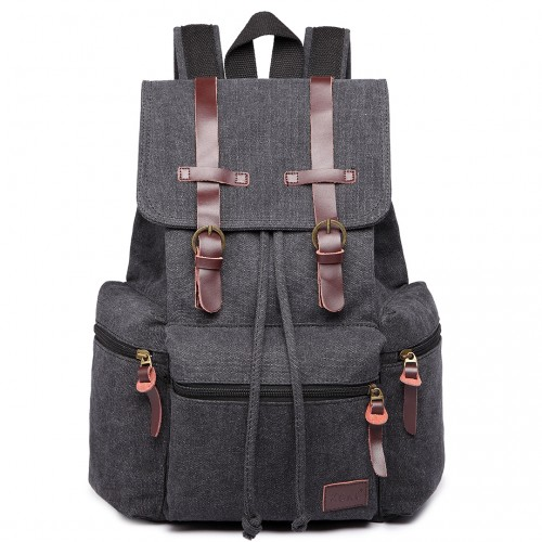 Kono Large Multi Function Leather Details Canvas Backpack - Black | Stylish & Durable Backpack for Daily Use