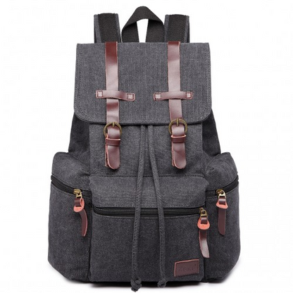 Kono Large Multi Function Leather Details Canvas Backpack - Black | Stylish & Durable Backpack for Daily Use
