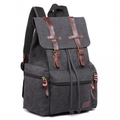 Kono Large Multi Function Leather Details Canvas Backpack - Black | Stylish & Durable Backpack for Daily Use