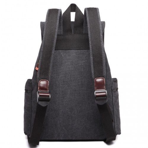 Kono Large Multi Function Leather Details Canvas Backpack - Black | Stylish & Durable Backpack for Daily Use