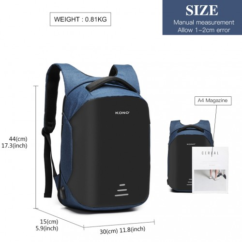 KONO Reflective USB Charging Interface Backpack - Navy | Stylish & Functional Travel Companion