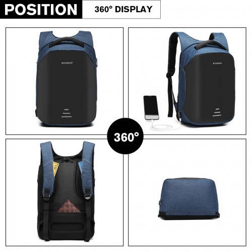 KONO Reflective USB Charging Interface Backpack - Navy | Stylish & Functional Travel Companion