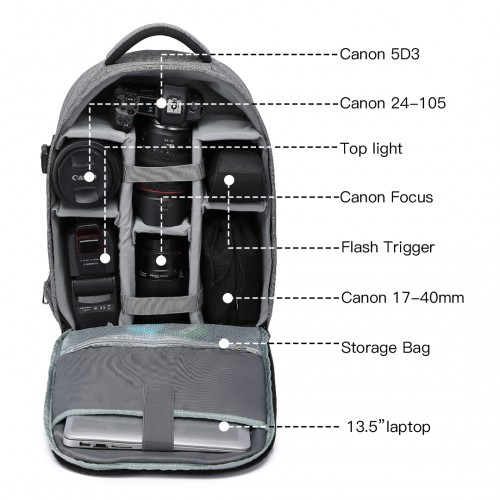 Kono Water Resistant Shockproof DSLR Camera Backpack - Grey | E6928 | Travel & Photography Essential
