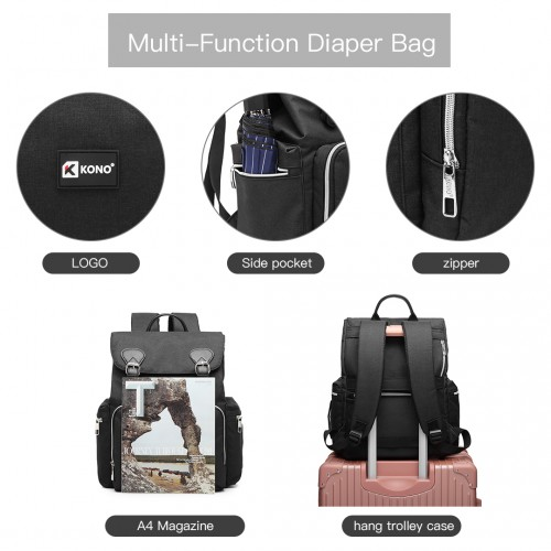 Kono Travel Baby Changing Backpack with USB Charging Port - Black | Spacious & Durable Diaper Bag for Traveling Parents