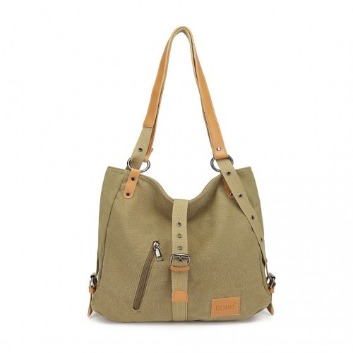 Kono Canvas Hobo Slouch Shoulder Bag and Backpack - Khaki