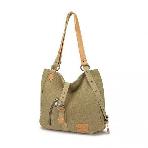 Kono Canvas Hobo Slouch Shoulder Bag and Backpack - Khaki