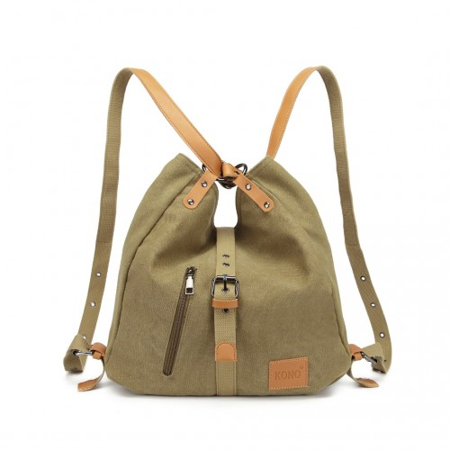 Kono Canvas Hobo Slouch Shoulder Bag and Backpack - Khaki