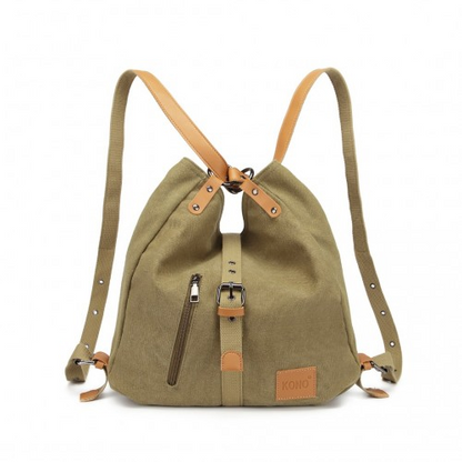 Kono Canvas Hobo Slouch Shoulder Bag and Backpack - Khaki