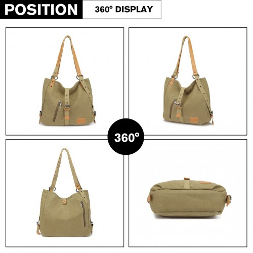 Kono Canvas Hobo Slouch Shoulder Bag and Backpack - Khaki