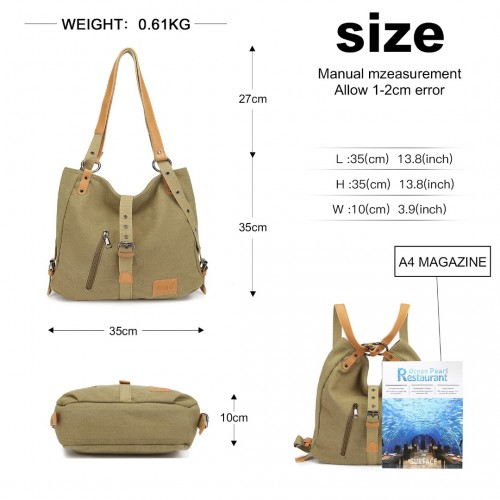 Kono Canvas Hobo Slouch Shoulder Bag and Backpack - Khaki
